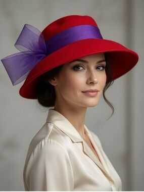 Scala Red Hat Society Wool Hat with Purple Ribbon & Flower Derby Fancy Glam